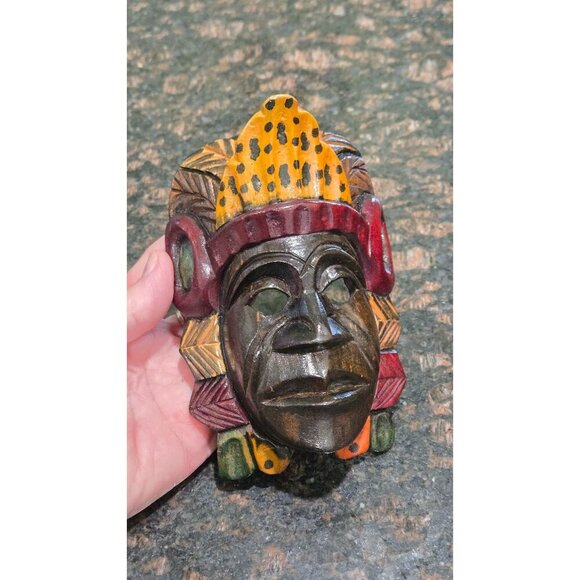 Mayan Vtg Mask Hand Carved Wood 5.75"x2.25" Painted Tribal Ceremonial Folk Art - Picture 2 of 10